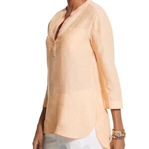 CHICO'S Women's Leslie Linen Shirt High Low Top Orange Pockets Sz 1 8/10 Med